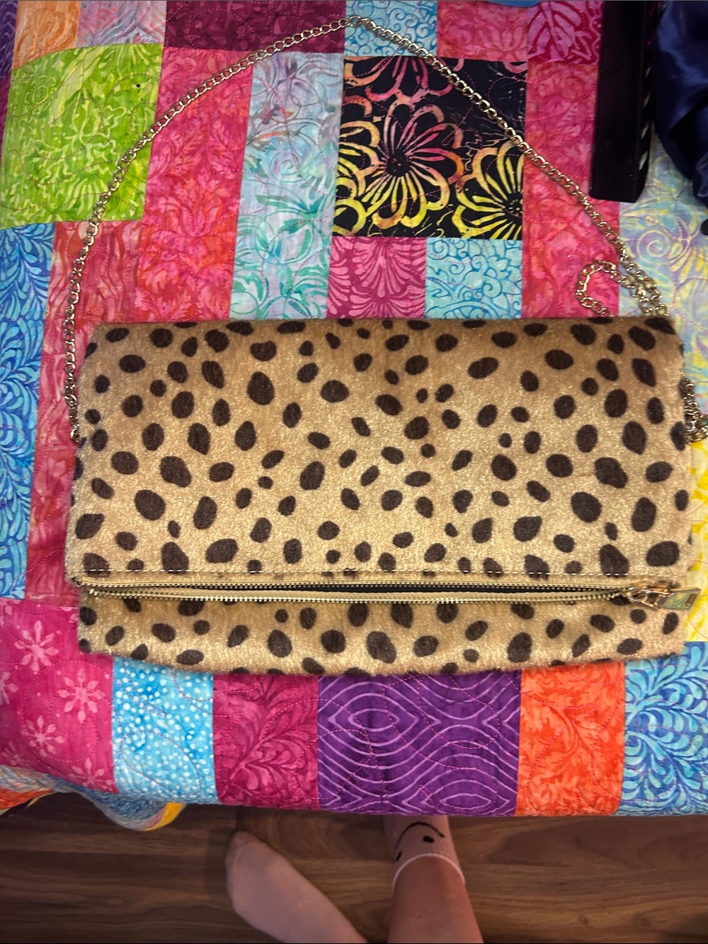 Leopard Print Fold-Over Clutch Bag with Chain Strap